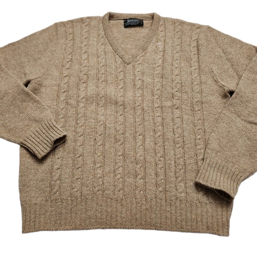 Vintage Jantzen Cable Knit Wool Sweater V- Neck Size Large Light Brown